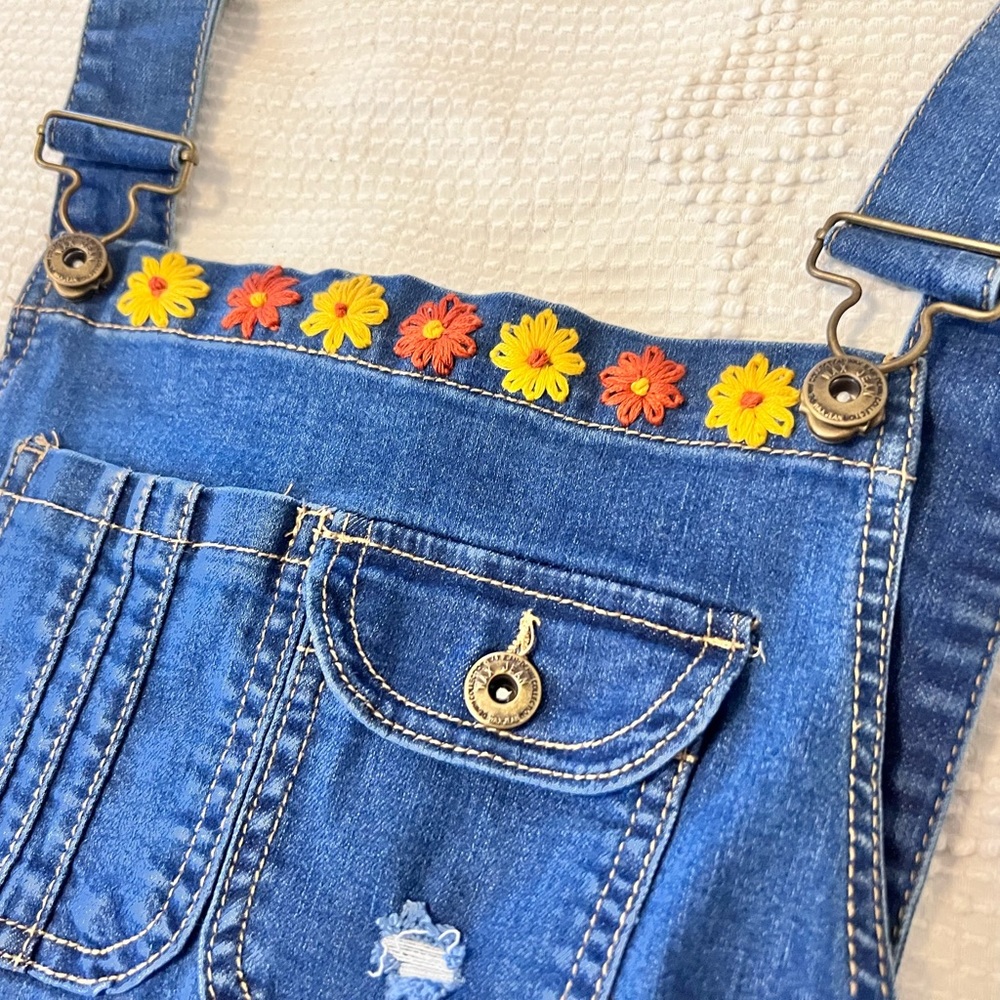Wax Jean Blue Denim Jumper with Yellow & Orange Flower Embroidery